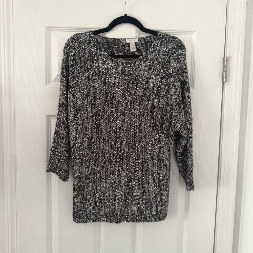 Chicos Sparkly Sequin Knit Sweater Black White Metallic Size‎ 2 Womens L Party